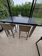 Hoge bruine tafel L150x90Bx90H met 4 beige barstoelen, Comme neuf, 100 à 150 cm, Rectangulaire, Modern