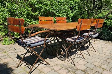 Table, 2 fauteuils et 4 chaises en teck ancien et fer forgé, Antiquités & Art, Enlèvement