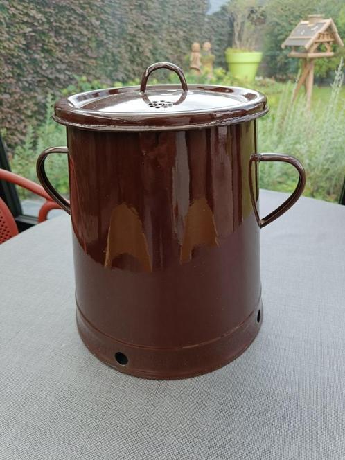 Oude geëmailleerde ijzeren voorraadpot. Hoogte: 29 cm., Antiek en Kunst, Curiosa en Brocante, Verzenden