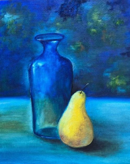 "A Blue Pear" (Oil painting by Kuijken, 24x30 cm), Antiek en Kunst, Kunst | Schilderijen | Modern, Ophalen of Verzenden