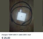 chargeur 100W USB c+ câble USB c 1m neuf, Informatique & Logiciels, Pc & Câble réseau, Enlèvement, Neuf