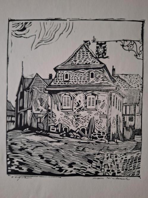 Houtsnede Carl C. van Niekerk imposant huis "Vogezen", Antiek en Kunst, Kunst | Etsen en Gravures, Ophalen of Verzenden