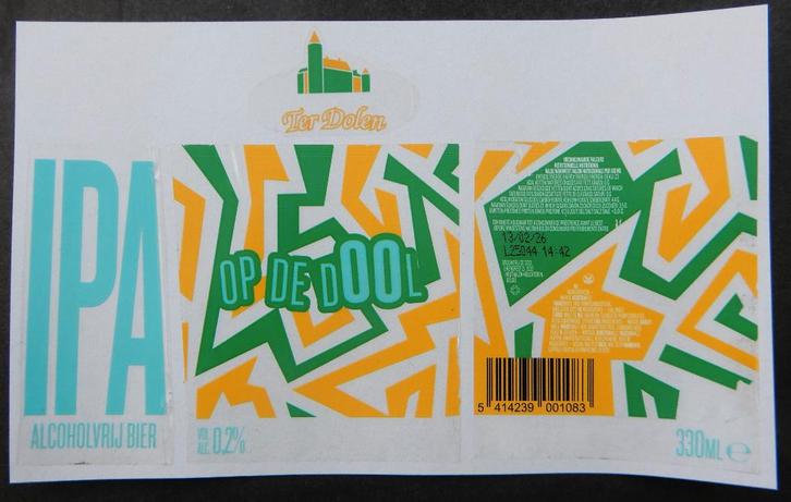 Bieretiket Op de Dool alc vrij IPA Brouw. Ter Dolen (12a0), Verzamelen, Biermerken, Gebruikt, Verzenden