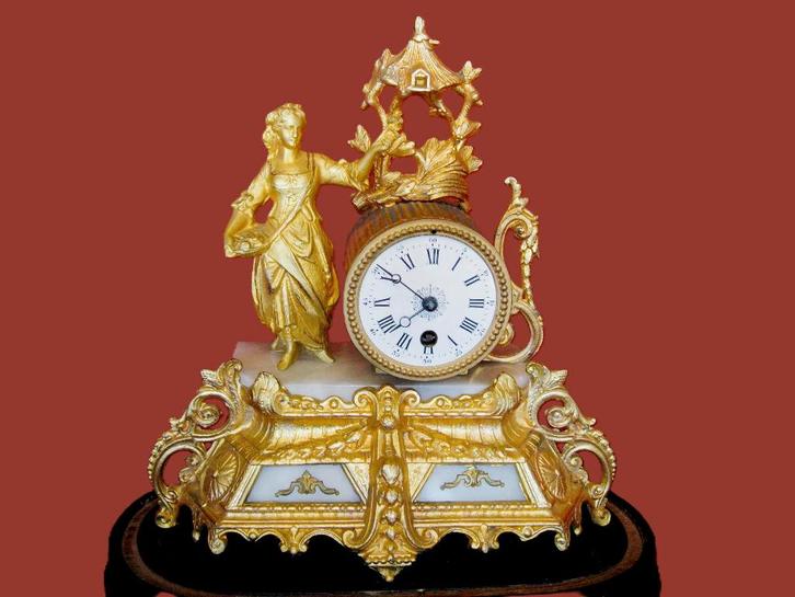 Vergulde pendule met ultrafijne glazen stolp '1850//1890, Antiek en Kunst, Antiek | Klokken, Ophalen