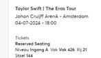 Taylor Swift ticket 4 Juli AMS (zitplaats), Tickets & Billets, Une personne, Juillet