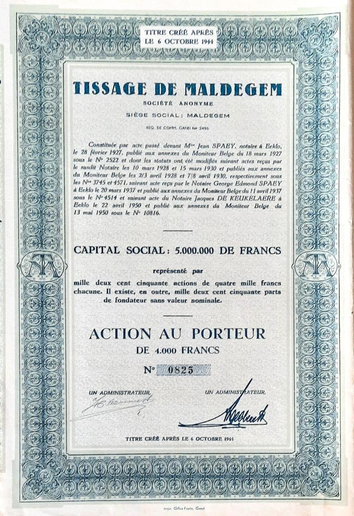 Tissage de Maldegem - action au porteur - 1950, Postzegels en Munten, Aandelen en Waardepapieren, Aandeel, 1920 tot 1950, Ophalen of Verzenden