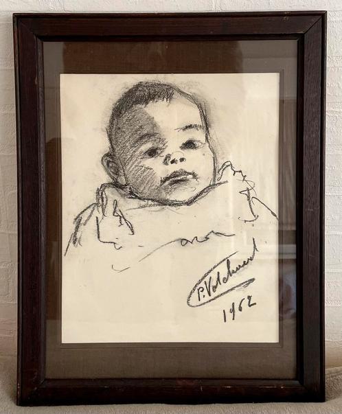 Piet Volckaert - Dessin au fusain 'Baby' - 1962 - avec cadre, Antiquités & Art, Art | Dessins & Photographie, Enlèvement ou Envoi