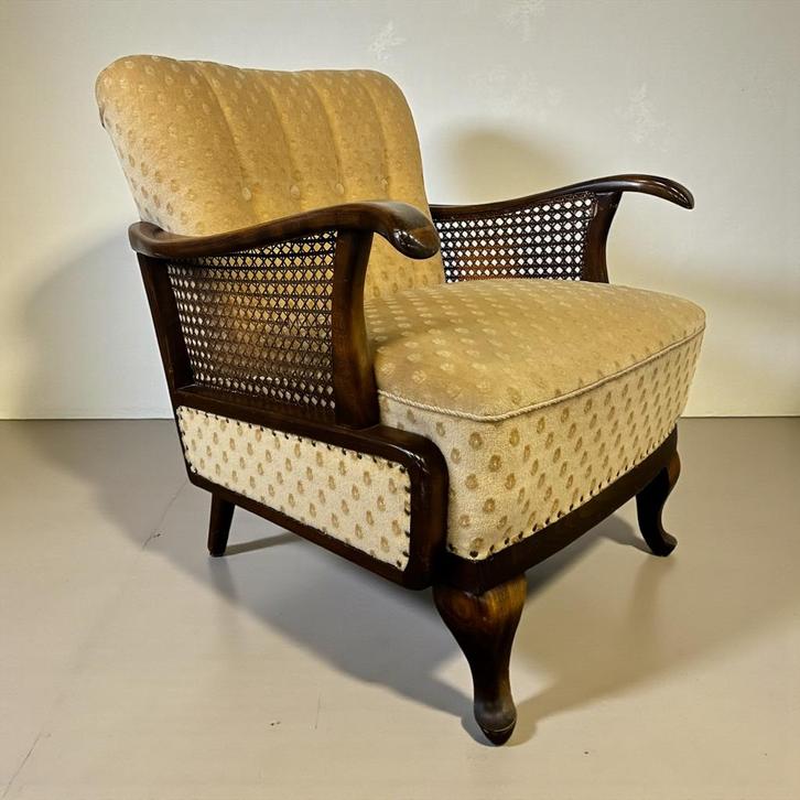 Vintage houten eenzit / fauteuil met rotan vlechtwerk, Antiek en Kunst, Antiek | Meubels | Stoelen en Sofa's, Ophalen of Verzenden