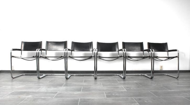 Set van 4 zwart tuigleer buisframe stoelen S34 van Mart Stam, Huis en Inrichting, Stoelen, Gebruikt, Vier, Leer, Metaal, Zwart
