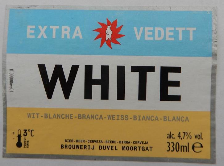 Bieretiket White extra Vedett Brouw. Duvel Moortgat (11s7), Verzamelen, Biermerken, Gebruikt, Duvel, Verzenden