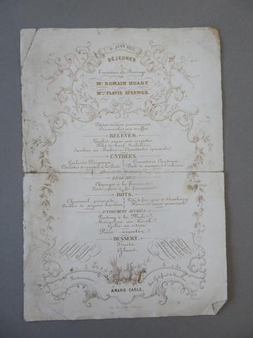 carte de menu 1857 Fête de mariage Romain Huart - Flavie Spe, Avant 1940, Gravure, Comme neuf, Autres sujets/thèmes