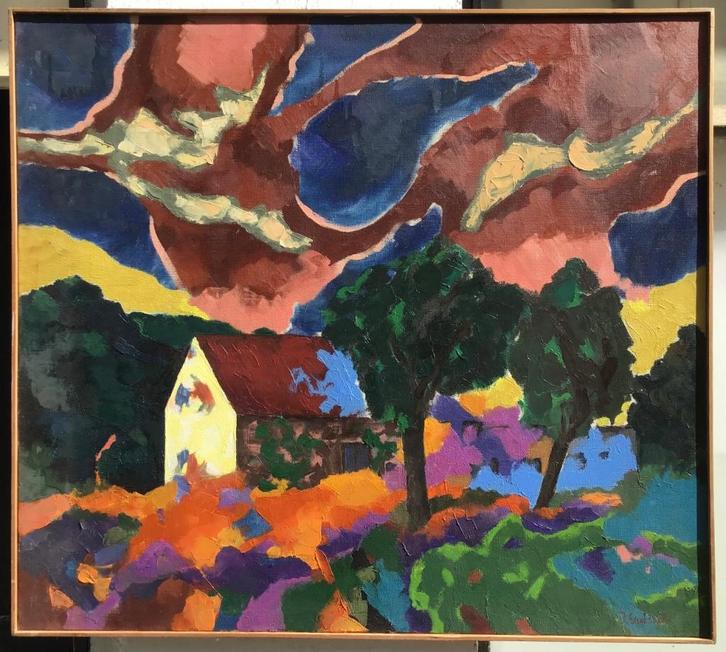 Schilderij Guisset — Modern kleurrijk landschap 87x96 cm, Antiek en Kunst, Kunst | Schilderijen | Modern, Ophalen