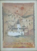 RENE CARCAN / CHATEAU SUR RHIN / KLEURETS + RELIEF / 26x21cm, Ophalen of Verzenden