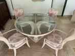 Tafel met glazen blad en 4 armstoelen, Huis en Inrichting, Tafels | Eettafels, Ophalen, Rustiek, Rond, Zo goed als nieuw
