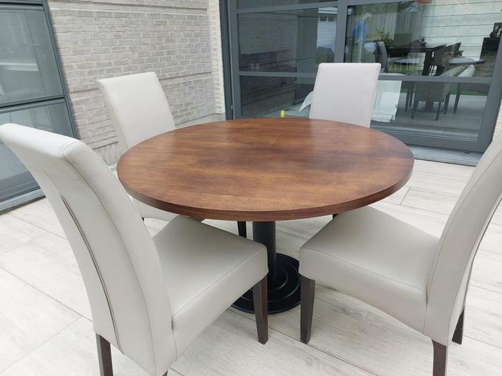 6 eetkamerstoelen in taupe leder en eikenhouten poten, Huis en Inrichting, Stoelen, Zo goed als nieuw, Vijf, Zes of meer stoelen