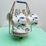 4 kopjes Boch Miami blauwe blaadjes - in metalen rekje, Ophalen of Verzenden