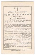 Bp. Bemelmans Henricus. ° Hasselt 1841 † Hasselt 1890, Verzamelen, Bidprentjes en Rouwkaarten, Ophalen of Verzenden, Bidprentje