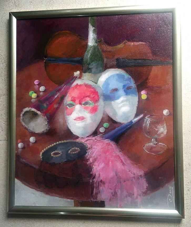 Maskers, feestartikelen, viool - Daniel Ghys (1923-2013), Antiek en Kunst, Kunst | Schilderijen | Klassiek, Ophalen of Verzenden