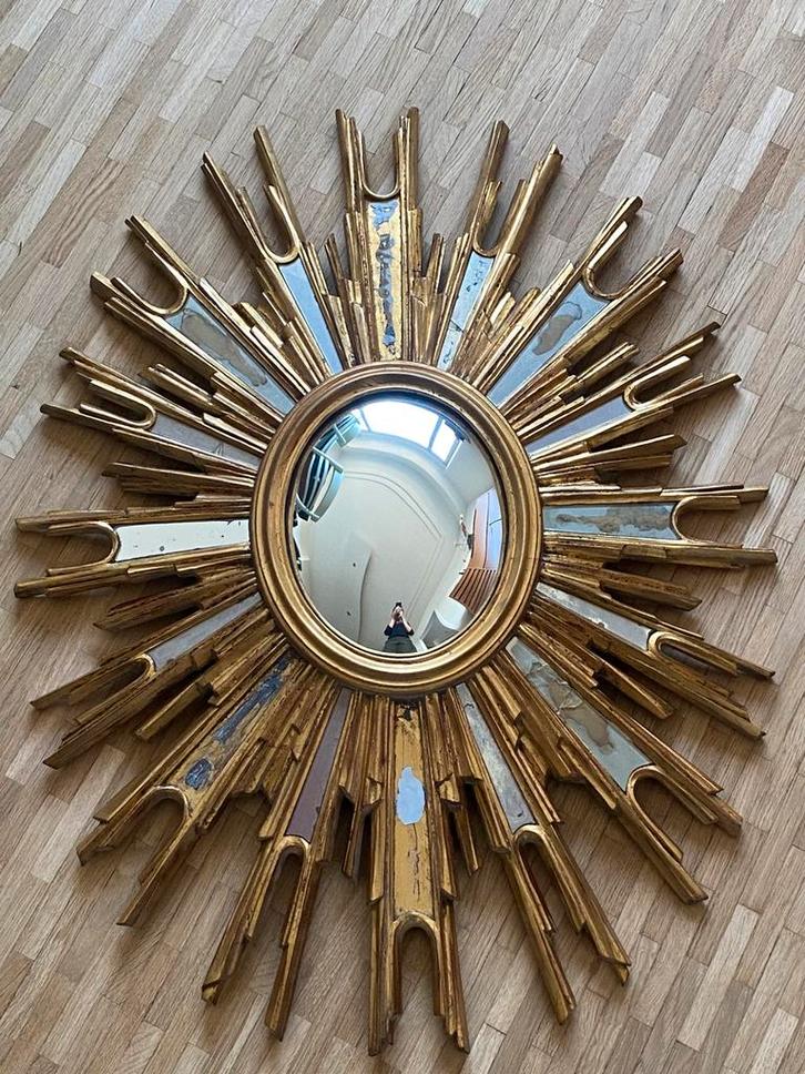 Grote vintage sunburst spiegel – verguld hout, Antiek en Kunst, Antiek | Spiegels, 50 tot 100 cm, Minder dan 100 cm, Ovaal, Ophalen
