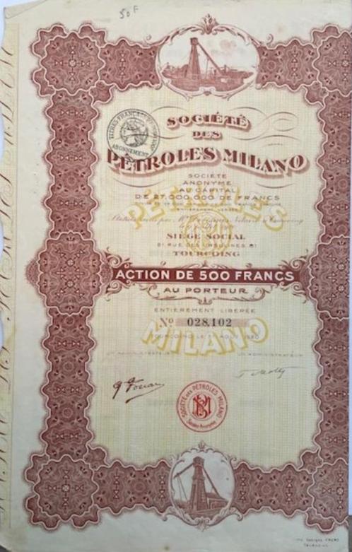Aandeel Pétroles Milano 1920 (VF), Postzegels en Munten, Aandelen en Waardepapieren, Aandeel, 1920 tot 1950, Ophalen of Verzenden