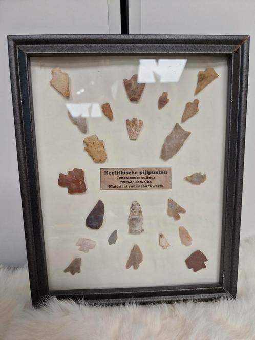 Ingelijste collectie neolithische pijlpunten, Collections, Minéraux & Fossiles, Enlèvement ou Envoi