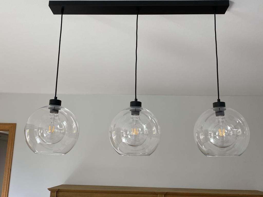 Moderne hanglamp met 3 glazen, transparante bollen, Ophalen, Zo goed als nieuw, Glas, 75 cm of meer