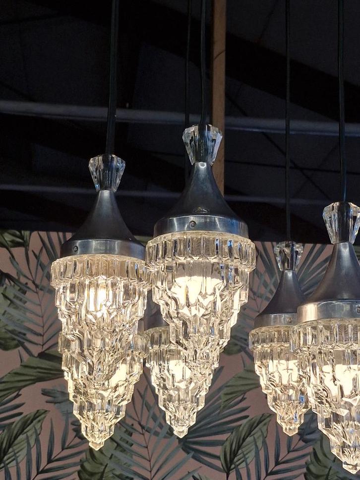 Vintage luster / hanglamp met 8 glazen druppels, Maison & Meubles, Lampes | Suspensions, Utilisé, Verre, Enlèvement