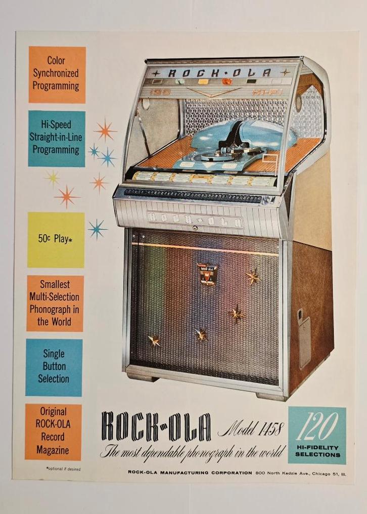 ROCK-OLA Model 1458 Juke-Box 1957 original sheet, Collections, Machines | Jukebox, Utilisé, Enlèvement ou Envoi