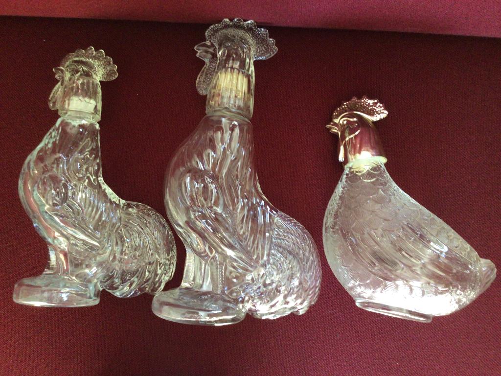 3 vintage glazen ( haan - kip) flessen. 1960-70, Enlèvement ou Envoi