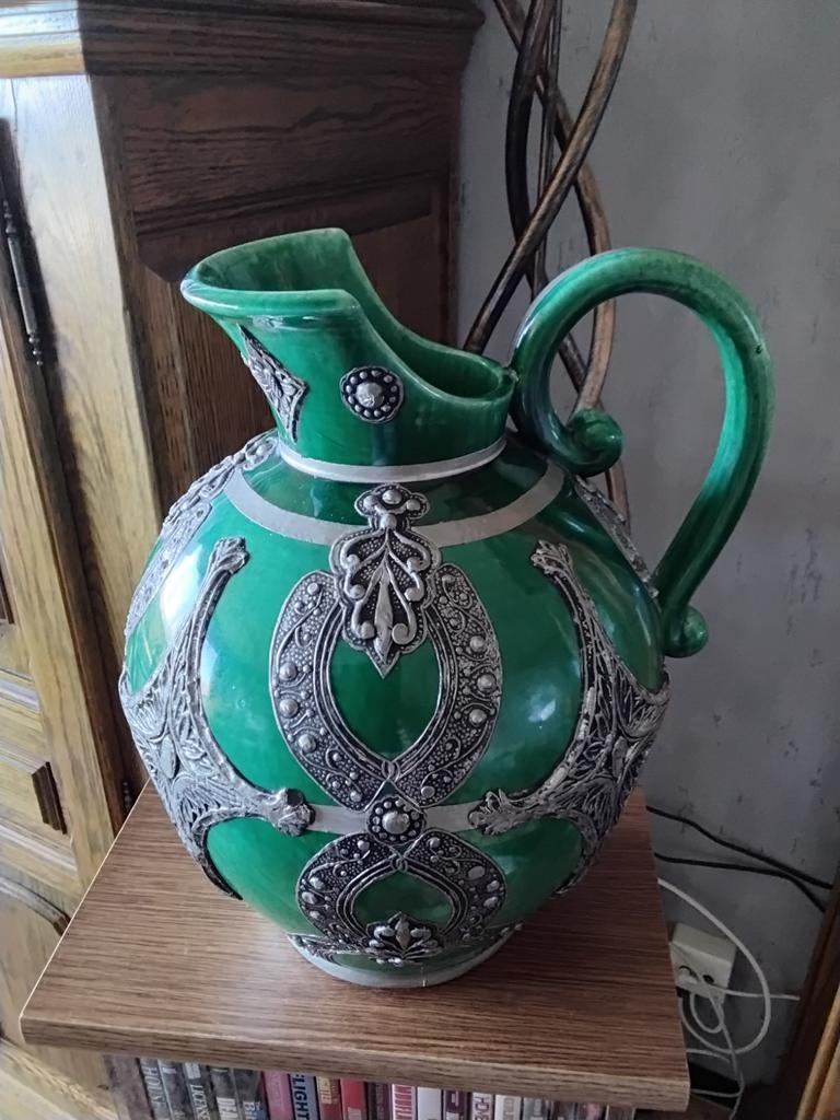 Keramische schenkkan met verzilverd beslag, Antiek en Kunst, Ophalen