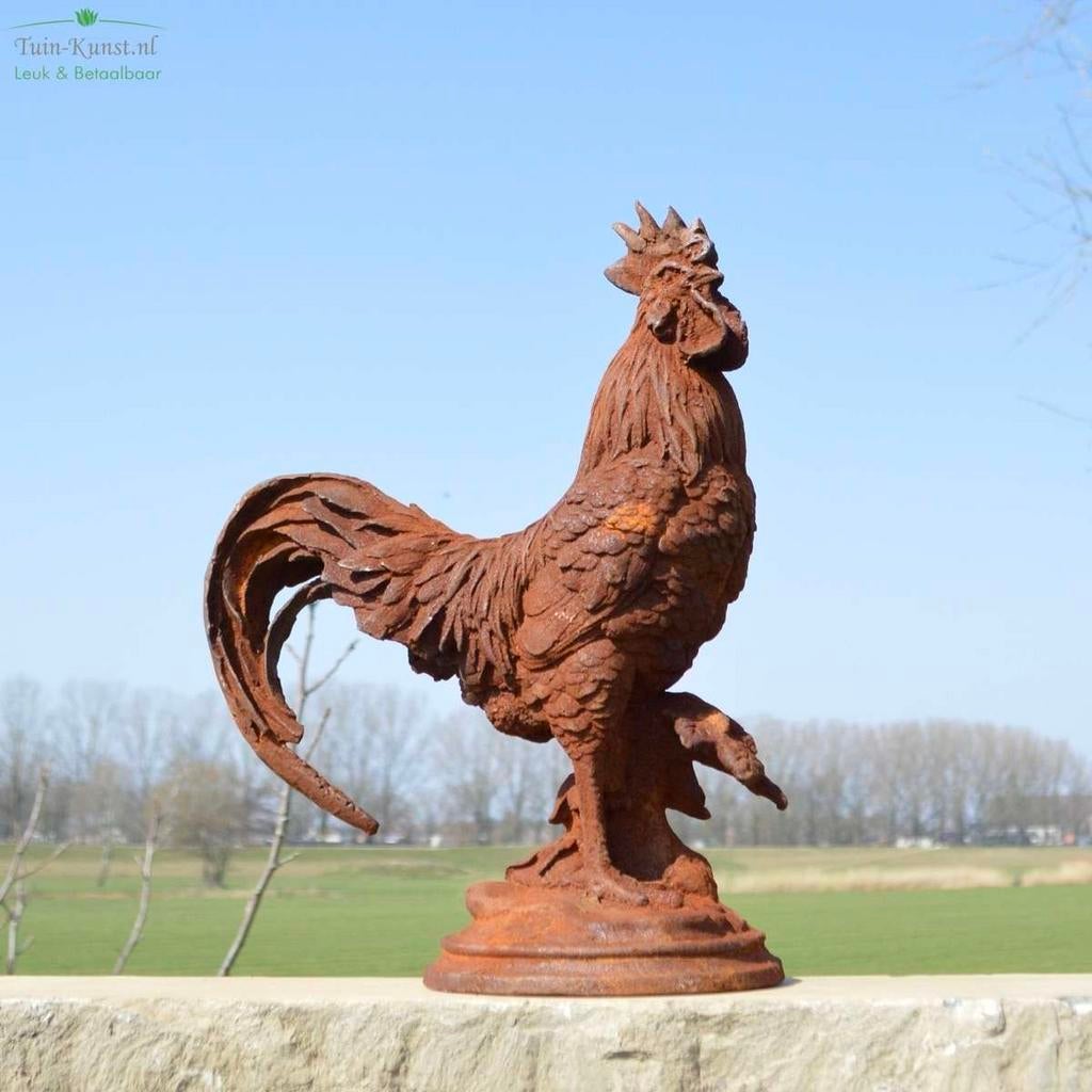 Gietijzeren haan op betonnen sokkel, Tuin en Terras, Tuinbeelden, Ophalen, Zo goed als nieuw, Dierenbeeld