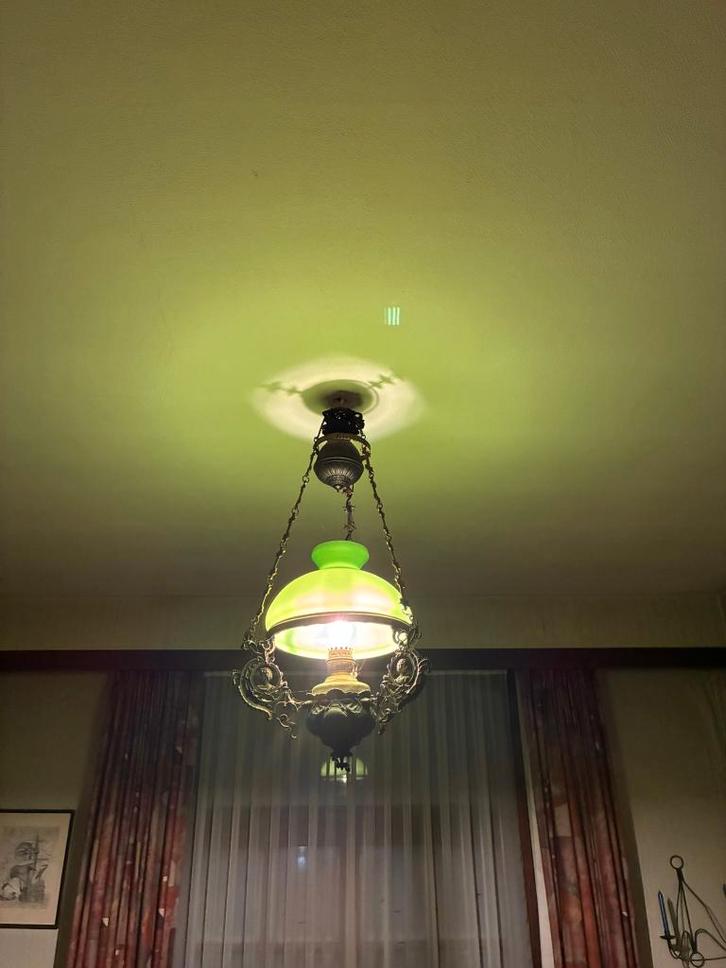 Antieke Hanglamp - Groene Opaline & Brons - Vieux Paris, Antiek en Kunst, Antiek | Verlichting, Ophalen