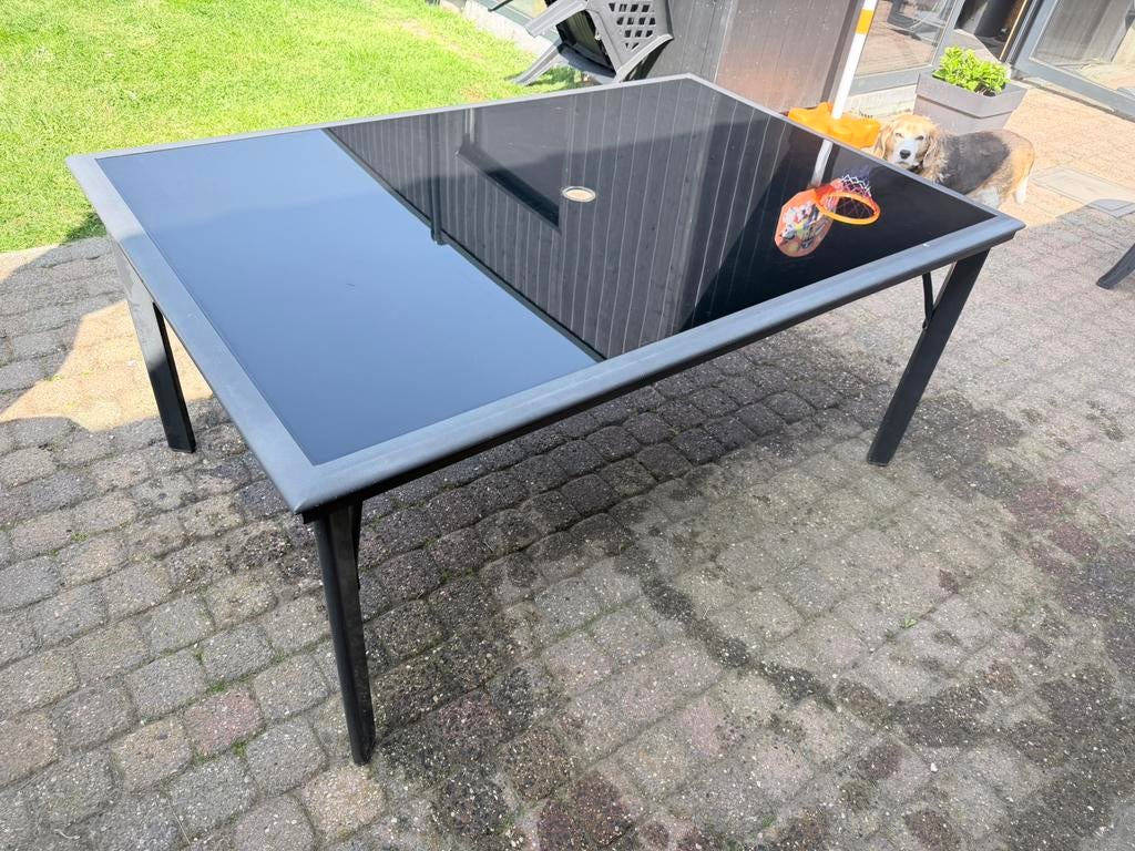 Tuintafel antraciet, glazen blad 160cm x 103cm x 70cm, Tuin en Terras, Ophalen, Gebruikt, Rechthoekig