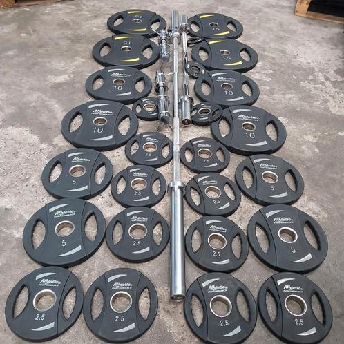 Athletic performance pu Gewichten + verschillende barbells, Sport en Fitness, Fitnessmaterialen, Zo goed als nieuw, Halterset