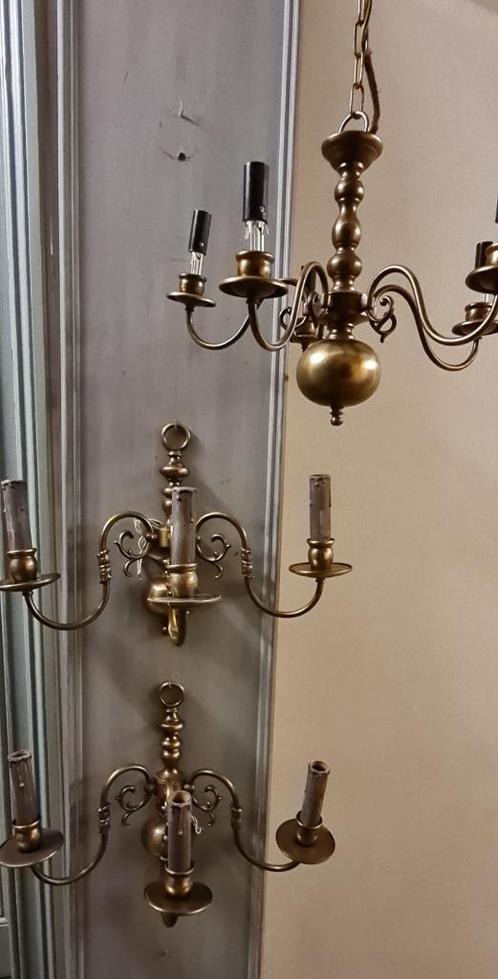 Set van Vlaamse luster + 2 bijpassende appliquen, Huis en Inrichting, Lampen | Kroonluchters, Gebruikt, Metaal, Ophalen
