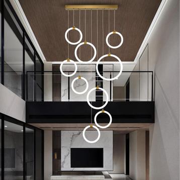 Luxe LED Moderne Trap Hanglamp Dimbaar 9-Ringen Kroonluchter, Huis en Inrichting, Ophalen of Verzenden, Nieuw, Metaal
