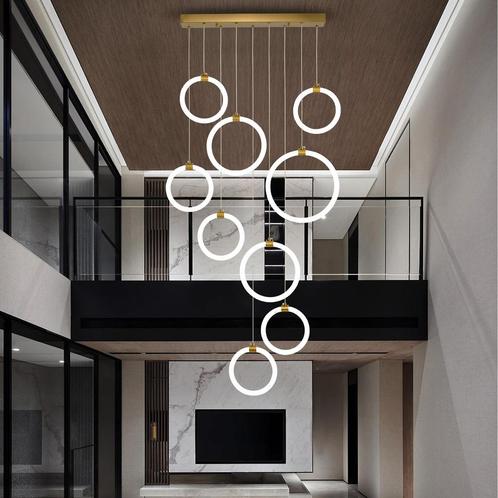 Luxe LED Moderne Trap Hanglamp Dimbaar 9-Ringen Kroonluchter, Huis en Inrichting, Lampen | Kroonluchters, Nieuw, Kunststof, Metaal