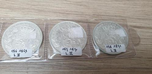 3 pièces de 5 francs - Léopold II 1869 à 1871, Postzegels en Munten, Munten | Europa | Euromunten, Losse munt, België, Zilver