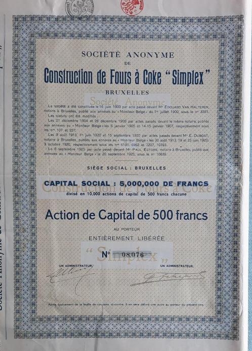 Construction de fours à coke 'Simplex' - Bruxelles -  1925, Postzegels en Munten, Aandelen en Waardepapieren, Aandeel, 1920 tot 1950