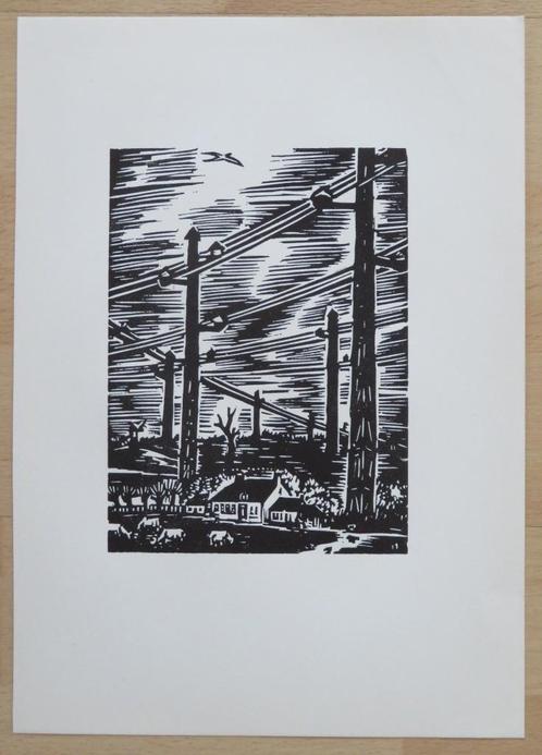 Houtsnede Frans Masereel: Uitbouw van het elektriciteitsnet, Antiek en Kunst, Kunst | Etsen en Gravures, Verzenden