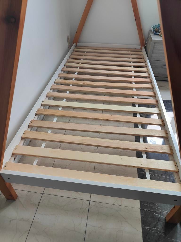 Bed 1 persoon 200x90, Ophalen, 90 cm, Eenpersoons, Beige