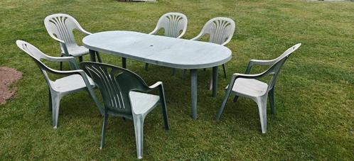Plastic tuintafel met 6 stoelen, Tuin en Terras, Tuintafels, Gebruikt, Rechthoekig, Plastic, Ophalen