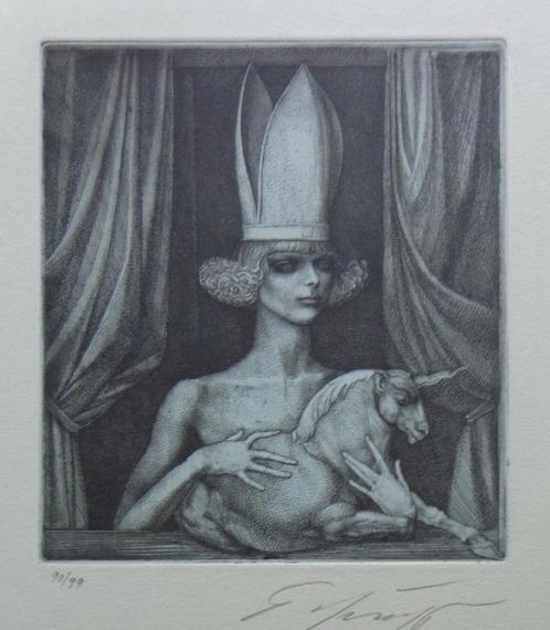 ERNST FUCHS / EVA MIT EINHORN / KLEURETS / 52x39cm / SIG, Antiek en Kunst, Kunst | Litho's en Zeefdrukken, Ophalen of Verzenden