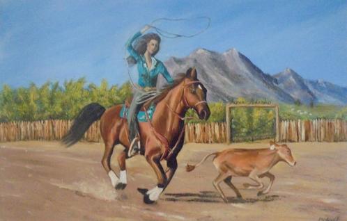 groot olieschilderij western/paard (75x115cm), Antiek en Kunst, Kunst | Schilderijen | Klassiek, Ophalen of Verzenden