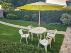 Tuinset met 4 stoelen en groene parasol., Ophalen, 4 zitplaatsen, Kunststof, Gebruikt