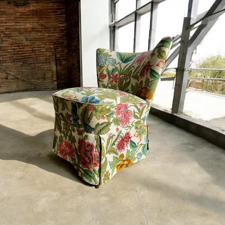 Vintage gebloemd cocktailstoel / eenzit / fauteuil, Antiek en Kunst, Antiek | Meubels | Stoelen en Sofa's, Ophalen of Verzenden