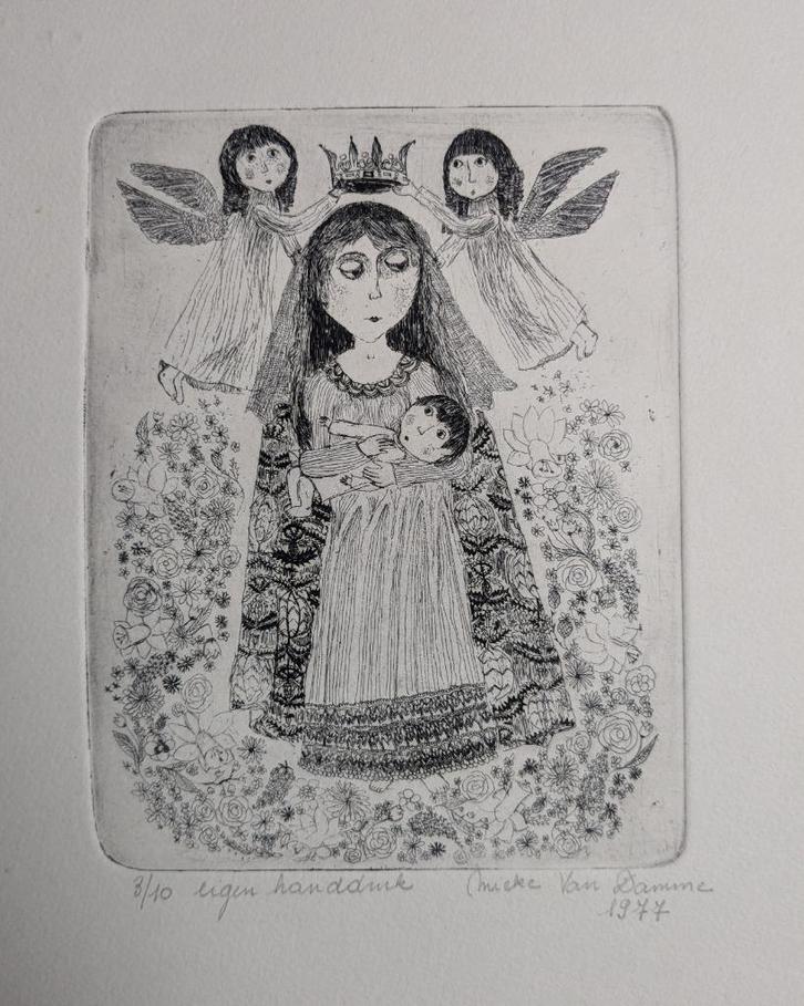 ets - Mieke Van Damme - Maria met twee engelen - 1977, Antiek en Kunst, Kunst | Etsen en Gravures, Ophalen of Verzenden