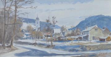 ONLEESBAAR / DORP IN SNEEUW / ORIGINEEL WERK / 54x83cm KADER beschikbaar voor biedingen