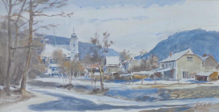 ONLEESBAAR / DORP IN SNEEUW / ORIGINEEL WERK / 54x83cm KADER, Antiek en Kunst, Kunst | Schilderijen | Modern, Ophalen