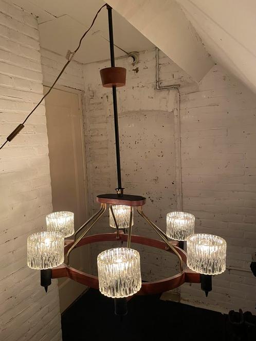 Vintage ijsglas designluchter, Huis en Inrichting, Lampen | Hanglampen, Gebruikt, 75 cm of meer, Hout, Ophalen